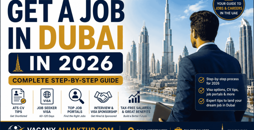 Dubai skyline with job seeker guide and Vacancy.Alhaktur.com branding for UAE careers.