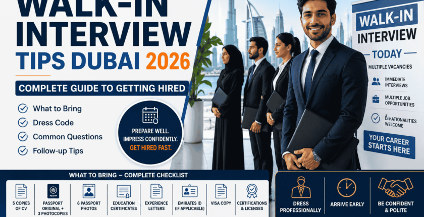 Walk-in Interview Tips Dubai 2026 featuring job seekers preparing for UAE recruitment events with document checklist, dress code guidance, and interview preparation tips.
